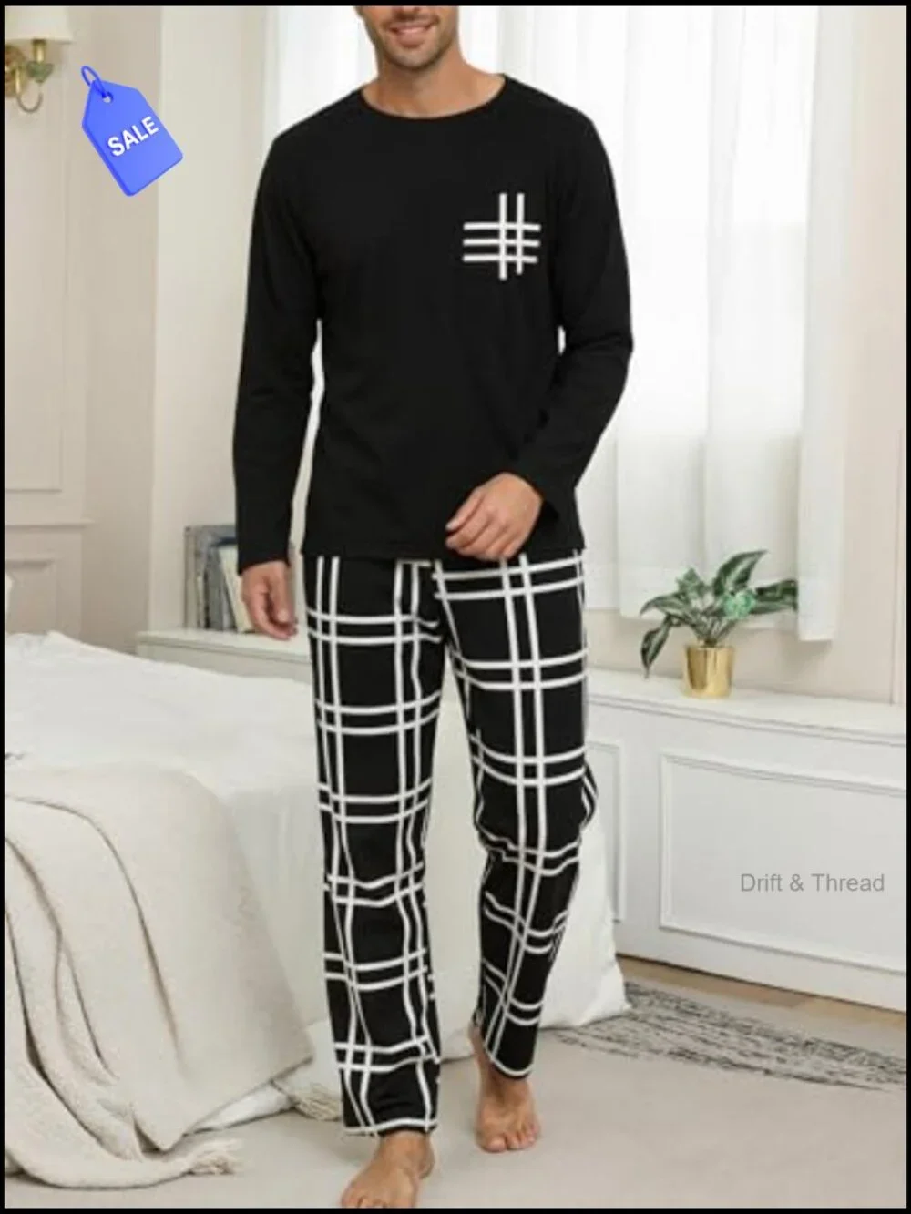 Men's 2-Piece Pajama Set Long Sleeve Plaid Pants with Pockets Soft Comfy Lounge